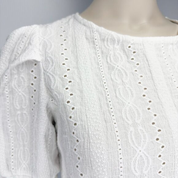 ONLY Eyelet Cottagecore Puff Sleeves Openback Round Neck Boho White Lace Top Mβ - Picture 3 of 10